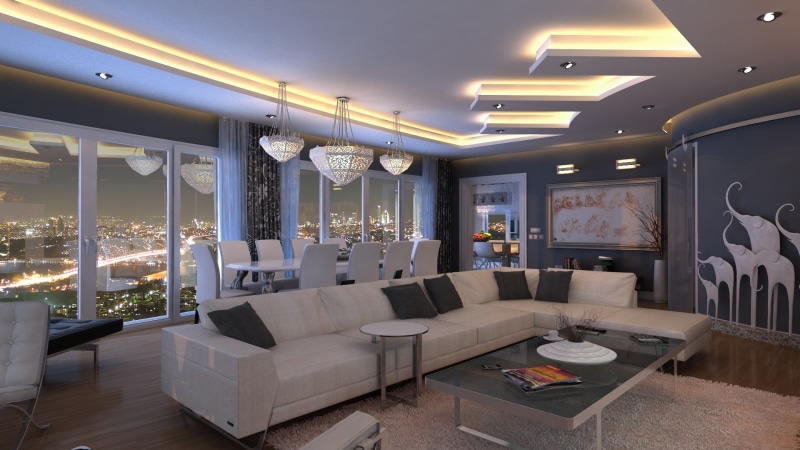 no People, cityscape, home, living Room, interior design, style, built structure, electric Lamp, sofa, ceiling, window, sectional, absence, white, apartment