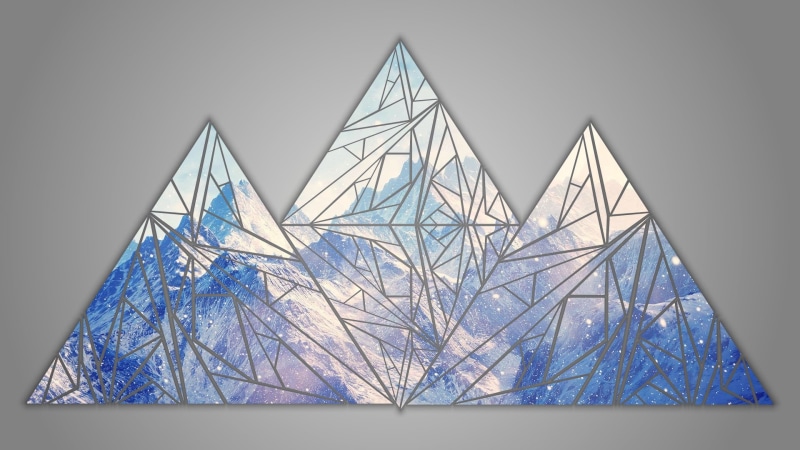 day, shapes, Facets, shape, bare tree, metal, low angle view, built structure, blue, no people, triangle shape, tree, nature, design, poly, outdoors, mountains
