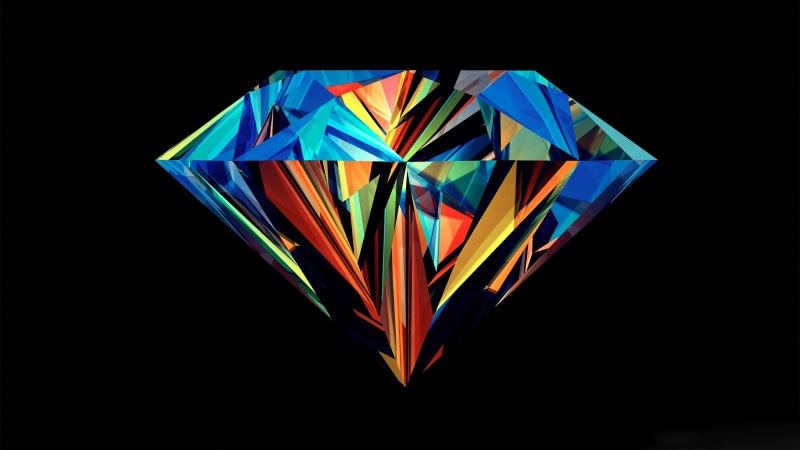 art, glowing, geometric shape, multicolored, multi colored, reflection, transparent, design, vector, black background, vibrant color, Justin Maller, single object