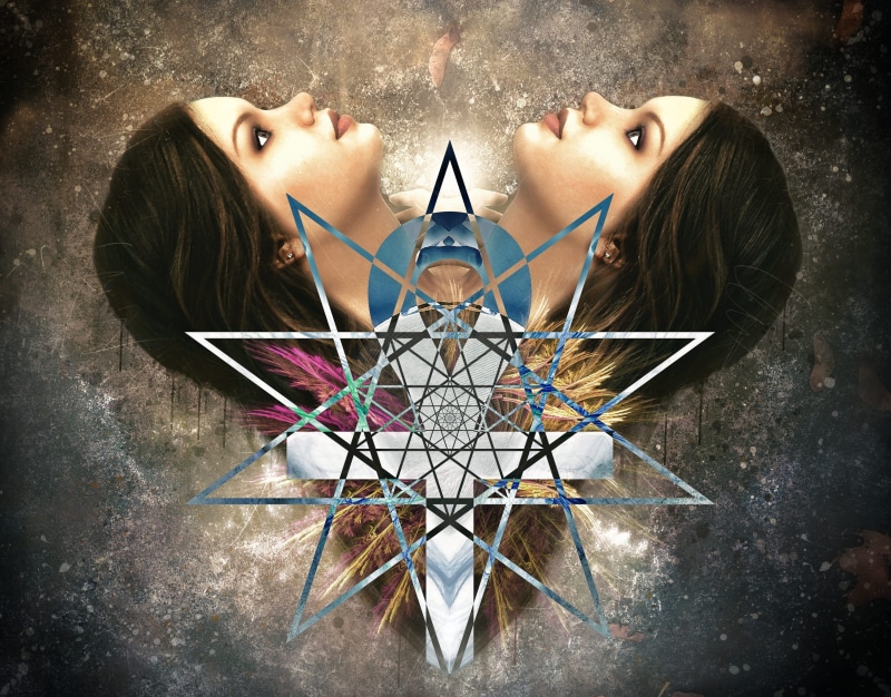 digital composite, architecture, ink, deep texture, real people, ankh, beauty, woman, eternal cycle, 2K, esoteric, art and craft, human face, pentagram
