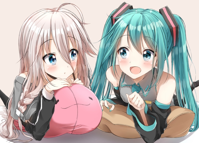 konachan, childhood, costume, leisure activity, 2girls, women, (railgun, ky1206), girls, females, portrait, people, vocaloid, looking at camera, hairstyle