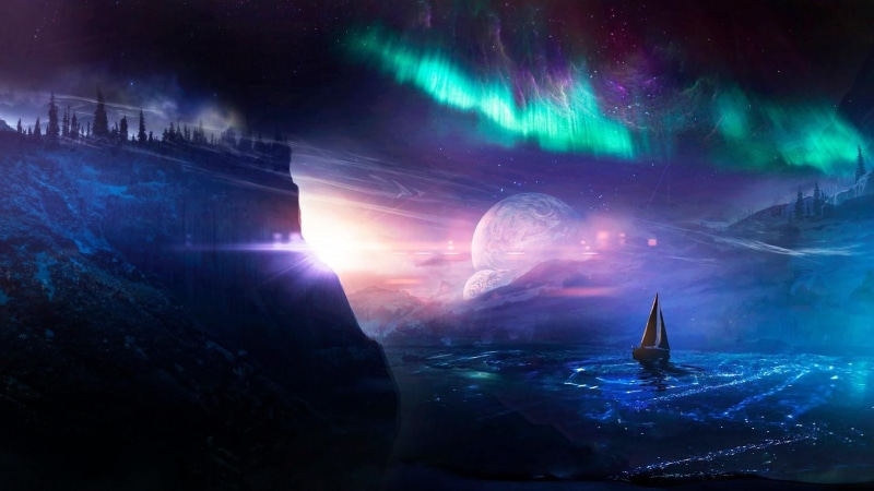 star - space, ship, 1080P, sail, aurora borealis, phenomenon, earth, illuminated, artwork, astronomy, sky, night, planet, sailboat, fantasy art, darkness