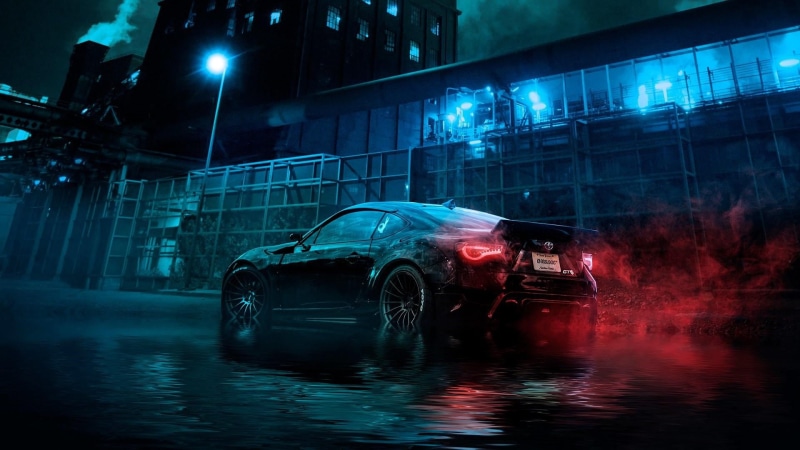 toyota gt86, visual effects, built structure, reflection, sports car, motor vehicle, mode of transportation, vehicle, dark, toyota, water, night, street