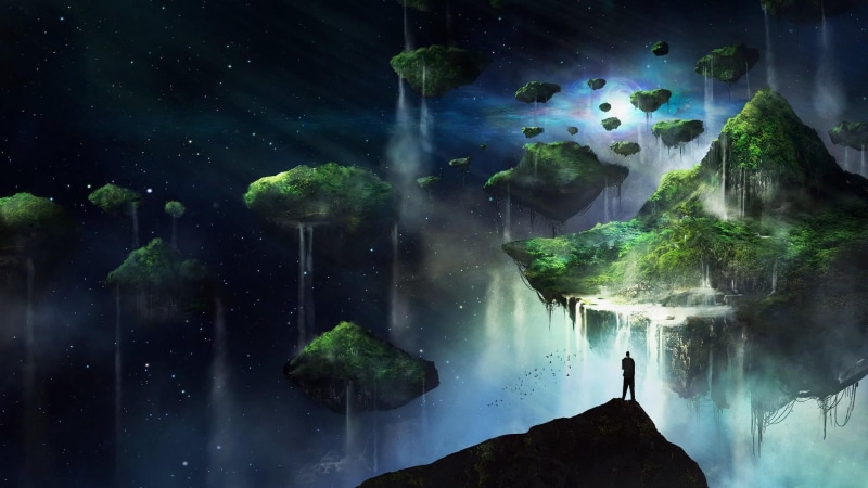 looking at view, darkness, fantasy art, green, visual effects, standing, nature, human, solid, rock, fantasy, water, landscape, night, men, beauty in nature