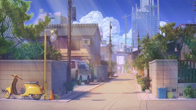 light effects, clouds, scooters, sky, Background Art, Love, sunlight, digital art, Money, street, RocknRoll, building, visual novel, anime, ArseniXC, artwork