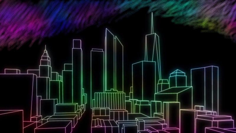 multi colored, skyscraper, purple, city, 4K, special effects, connection, pattern, diagram, abstract, energy, neon, digital art, green color, visual effects