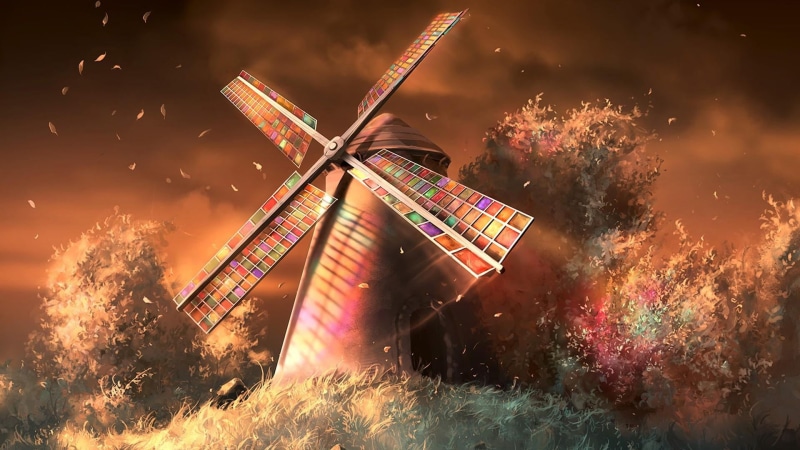 color, artwork, 1080P, leaf, fuel and power generation, wind, multi colored, wind power, environment, turbine, night, outdoors, sky, special effects, digital art
