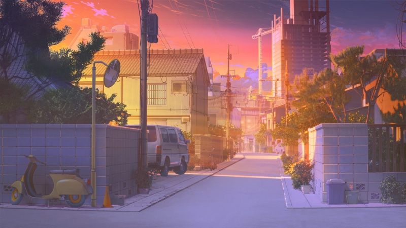 scooters, RocknRoll, landscape, digital art, 1080P, building, sunlight, light effects, Love, sky, ArseniXC, Money, anime, Background Art, clouds, street