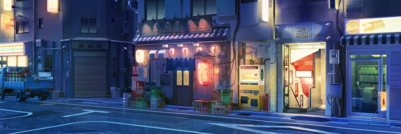 night, ArseniXC, Money, street, visual novel, Japan, landscape, 2K, light effects, Background Art, RocknRoll, Love, shop