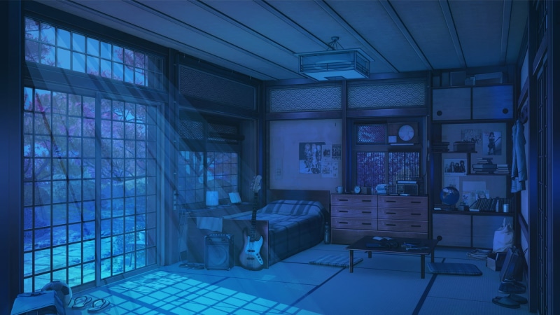 room, digital art, ArseniXC, visual novel, anime, artwork, Money, 1080P, light effects, night, Love, Background Art, RocknRoll, guitar