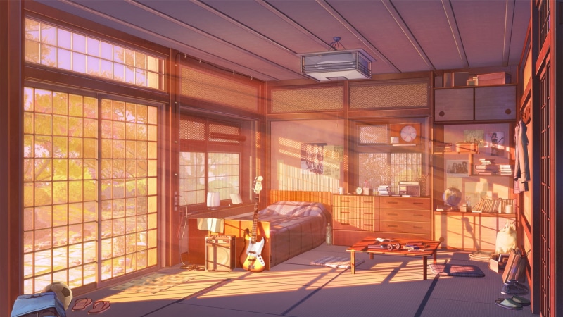 digital art, ArseniXC, RocknRoll, light effects, room, Background Art, Money, visual novel, 1080P, anime, Love, artwork, guitar, sunset
