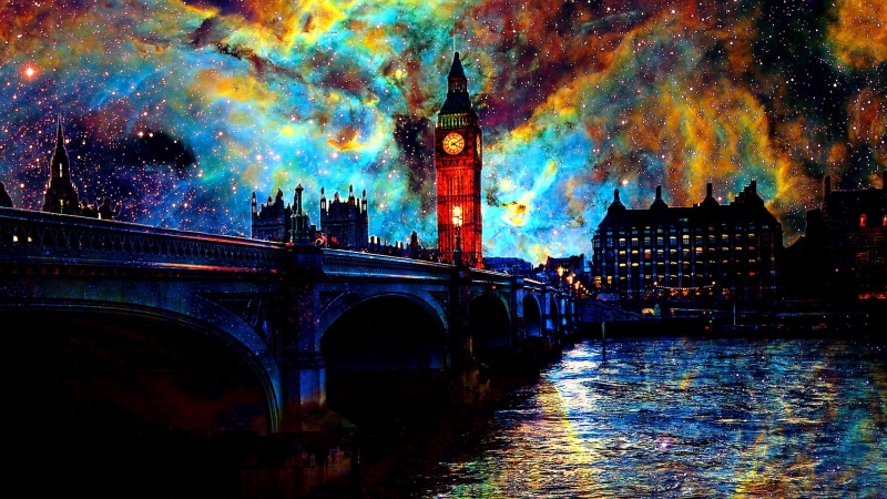 evening, cityscape, digital painting, city, space, london, thames, water, starry sky, special effects, night sky, 4K, photoshop art, big ben, art, night