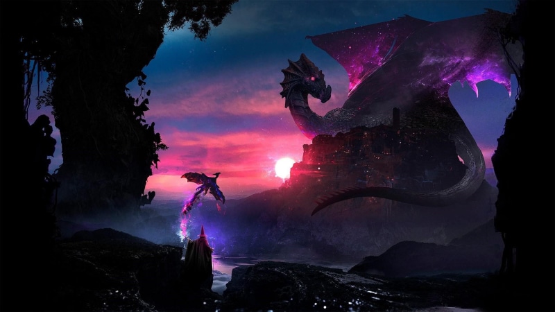 night, sunset, fantasy world, landscape, dragon, special effects, sky, fantasy art, purple, sun, 1080P, formation, darkness