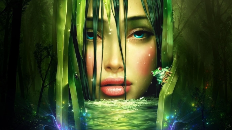 artwork, dream, magical, woman, fantasy art, fairy, face, artistic, 1080P, frog, witch, fantasy, special effects, girl, forest