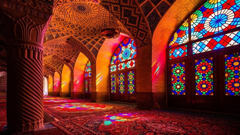 pink mosque, glass, window, masque, shiraz, chapel, art, architecture, arches, symmetry, artwork, 1080P, iran, stained glass, light