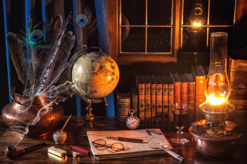 still life, time, old, lighting equipment, burning, indoors, magnifier, feathers, desk, history, glowing, table, book, wine, no people, 2K, retro styled