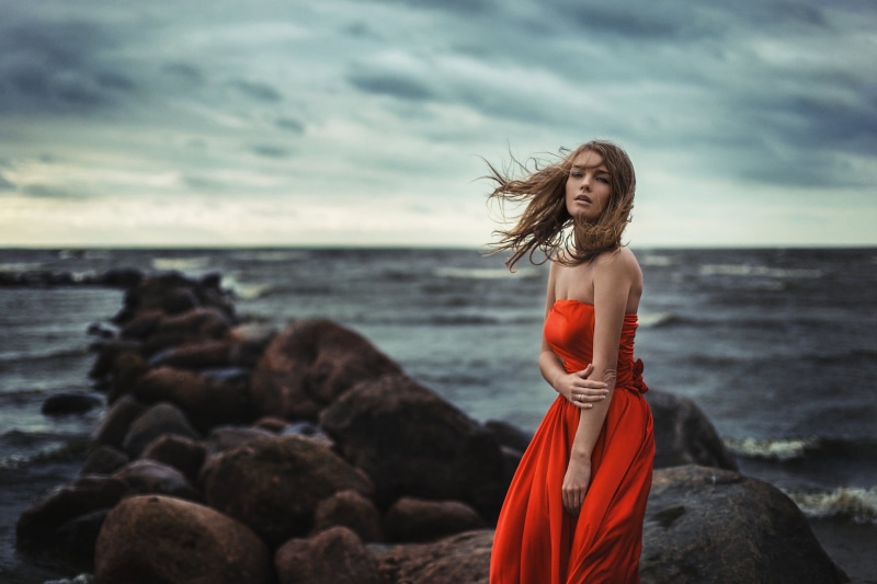 beautiful woman, Stones, Cold, 1080P, Girl, Water, one person, Wind, Alena, horizon over water, real people, hairstyle, long hair, rock, Gorgeous, s, Red