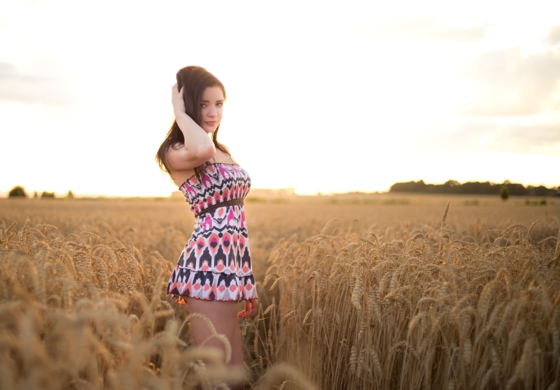 model, sky, hands in hair, 1080P, hair, rural scene, freedom, field, pink, dress, fashion, wheat, wearing, white, one person, girls, childhood, hairstyle