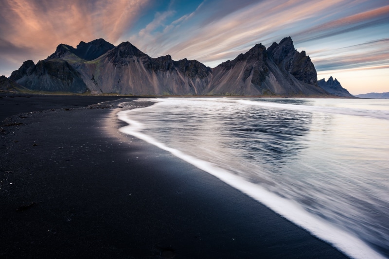gray mountain, sunset, landscape, outdoors, mountain, sand, iceland, diagonal, seashore, snow, nature, gray, black, 1080P, black sand, travel, ocean, sky