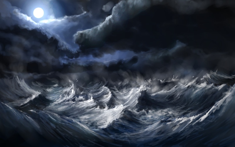 night, motion, painting, water, scenics - nature, power in nature, beauty in nature, moon rays, landscape, storm, clouds, Moon, artwork, meteorology, digital art