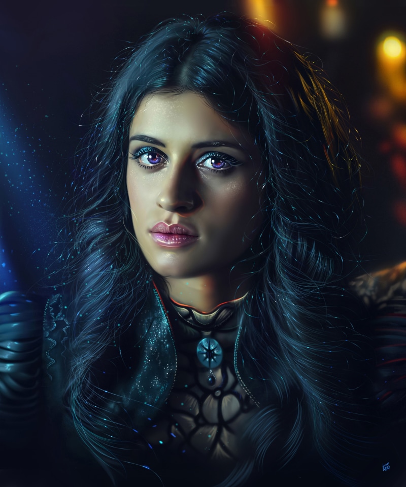 portrait, digital art, black clothing, Netflix TV Series, digital painting, Black clothes, Netflix, dark hair, celebrity, Yennefer, moonlight, looking at viewer