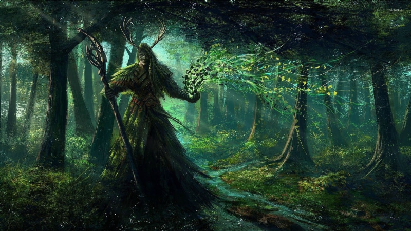 fantasy art, creature, forest, trees, 1080P, moon rays, digital art, artwork, plants, druids, water, dark