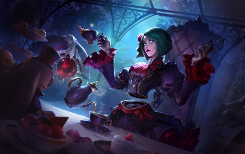 cupcakes, League of Legends, rose, green hair, by the window, hair, blue hair, women, black nails, closed mouth, glowing eyes, fantasy art, flower in hair