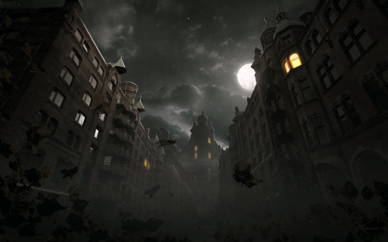 skyscape, stars, digital art, artwork, moonlight, cityscape, moon rays, digital, sky, night, illustration, architecture, horror, building, 1080P, Moon