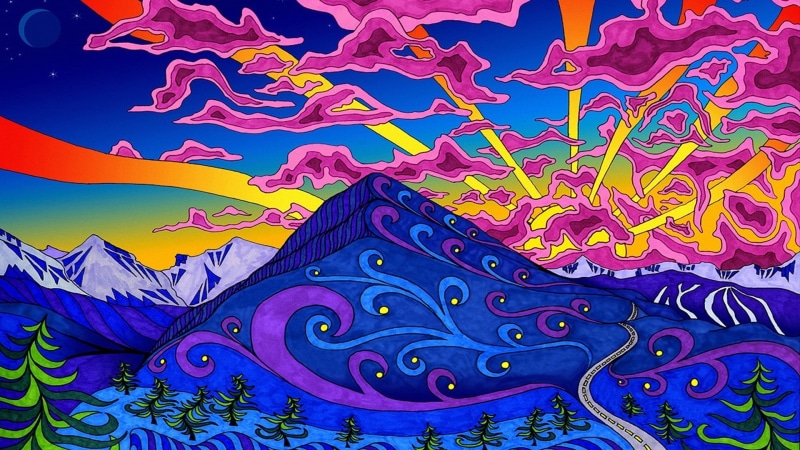 road, mountain, artwork, Colorful, stars, Trees, sky, Hill, Moon, lines, psychedelic, Sun Rays, Snowy Peak, 1080P, nature