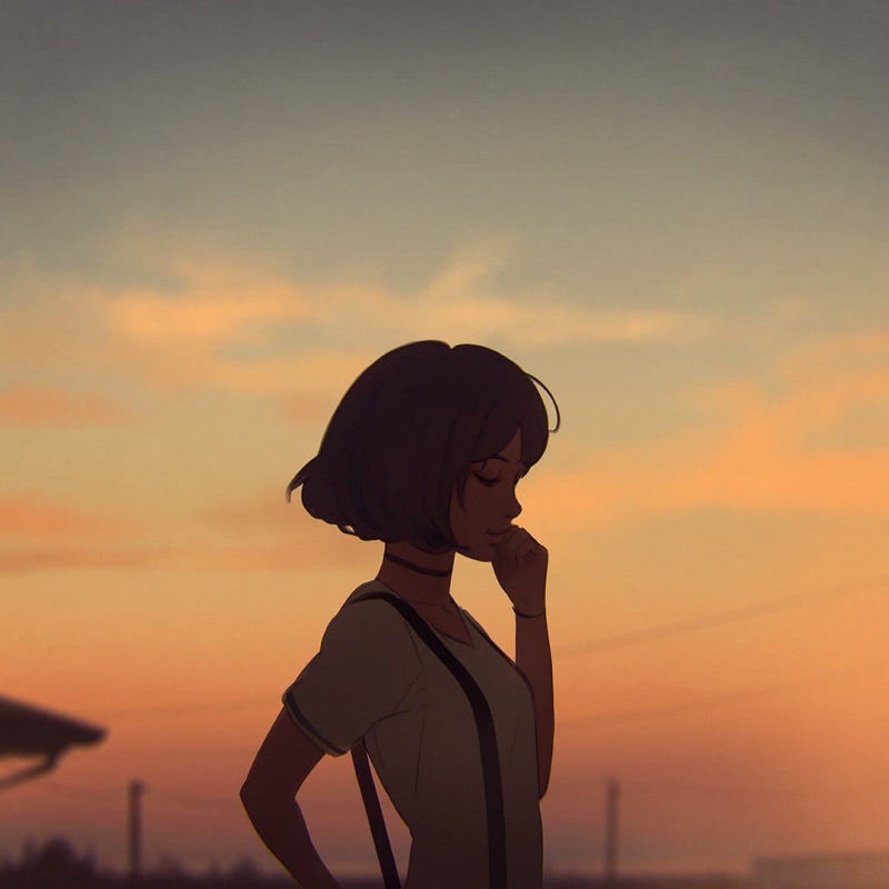 pink, Ilya Kuvshinov, sky, side view, one person, cloud - sky, girl, waist up, beautiful woman, nature, silhouette, anime, artwork, adult, haired