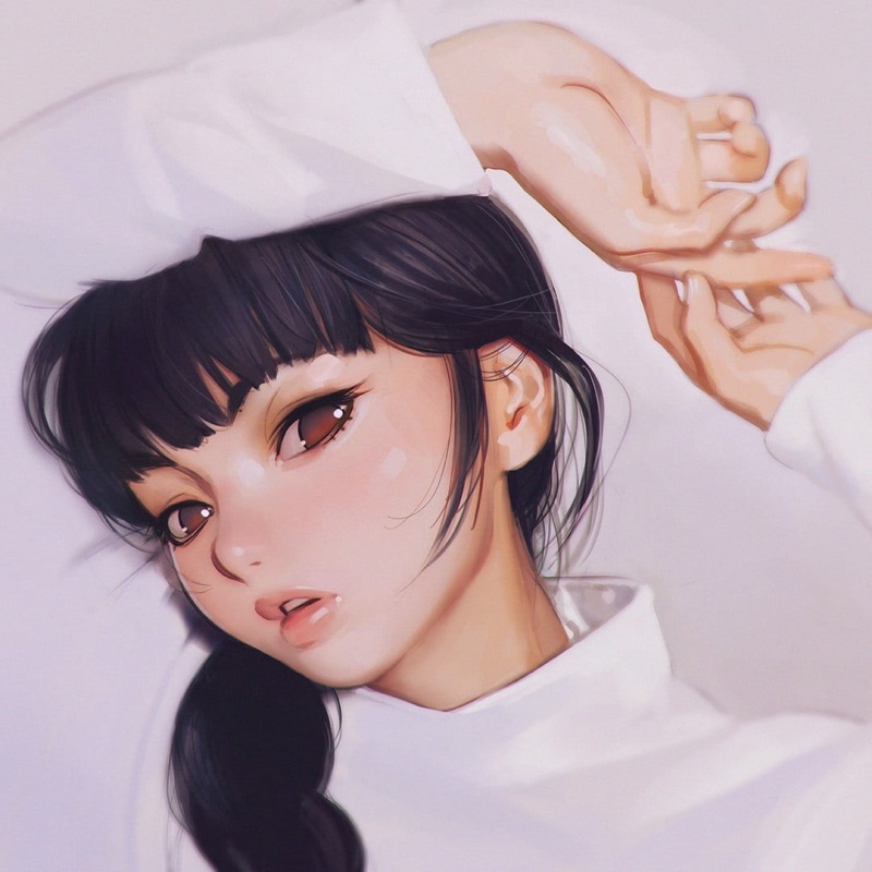 480P, headshot, studio shot, portrait, looking at camera, illustration, Ilya Kuvshinov, black hair, hair, women, brown eyes, indoors, shirt, beauty, s