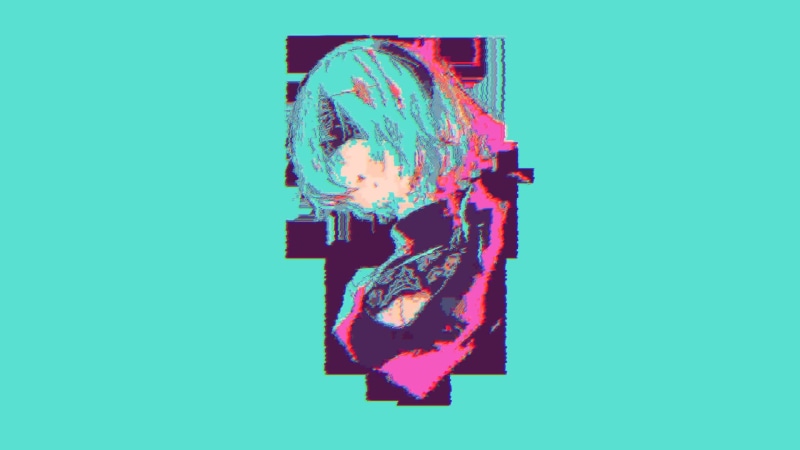 purple, motion, vaporwave, Nier: Automata, green background, 2B (Nier: Automata), multi colored, studio shot, character, colored background, no people