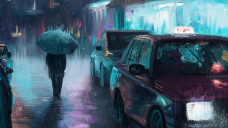 rain, street, water, city lights, silhouette, digital painting, vehicle, transport, paint brushes, digital, car, city, night, lights, painting, digital art