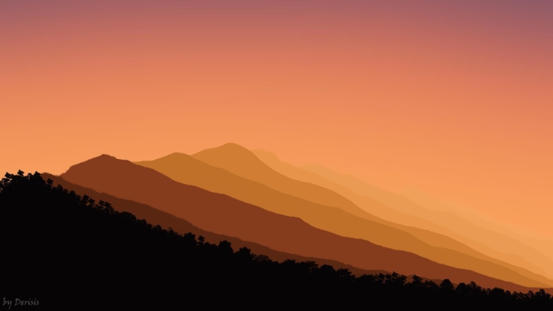 minimalistic, romantic sky, sunset, non-urban scene, mountain peak, plant, sky, mountain range, valley, 1080P, orange color, mountain, copy space, outdoors