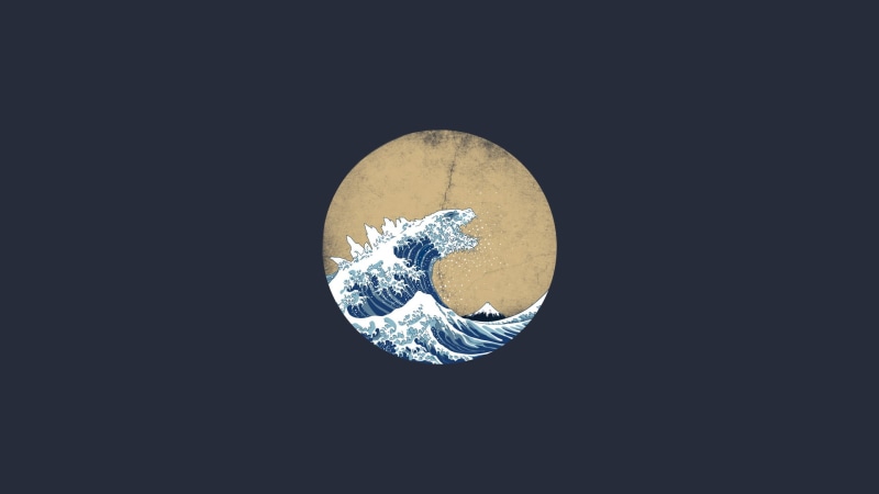 artwork, The Great Wave off Kanagawa, waves, 1080P, digital art, Godzilla, minimalism