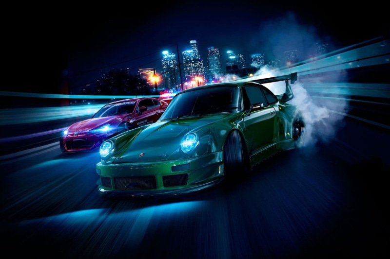 architecture, coupe, Subaru BRZ, speed, skyscraper, blurred motion, Porsche 911, motor vehicle, night, 720P, street, blue, Need for Speed, nightlife, Porsche