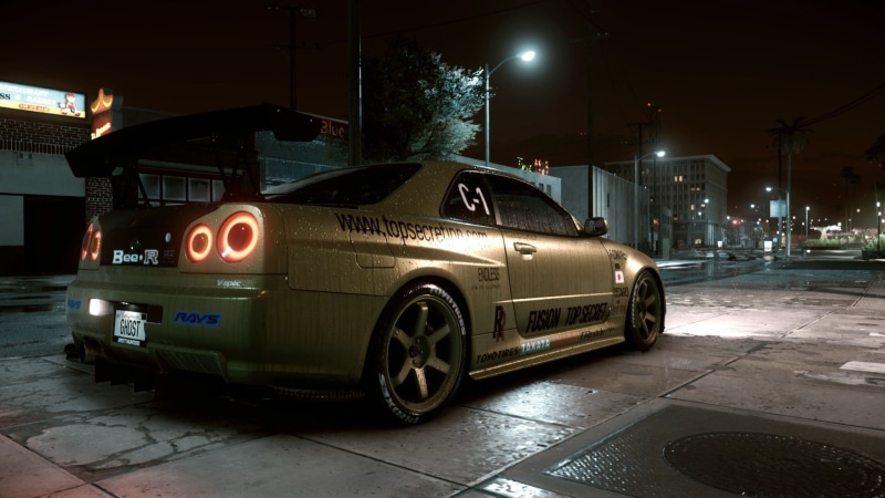 land vehicle, headlight, transportation, motor vehicle, Nissan skyline, illuminated, street, road, GTR R34, warning sign, built structure, text, Need for Speed 2015