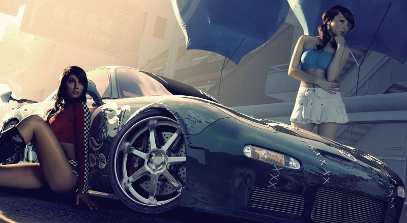 women, young adult, people, coupe, young women, land vehicle, mazda, day, standing, Need For Speed, two people, beautiful woman, Games, blue, females, rx