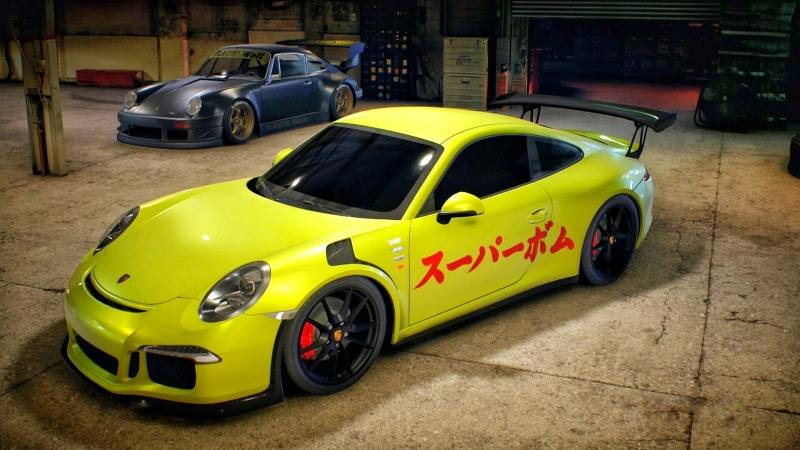 day, communication, sports car, Porsche 911 GT3 RS, street, stationary, lamborghini, architecture, video games, Need for Speed, text, yellow, mode of transportation