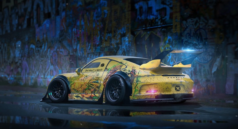 illuminated, vehicle, no people, outdoors, wet, graffiti, Porsche 911 GT3, road, motor vehicle, 1080P, Porsche, transportation, city, yellow, night, car