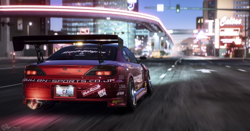red, building exterior, Silvia, built structure, speed, night, coupe, city street, car, driving, Nissan, city, mode of transportation, architecture, government