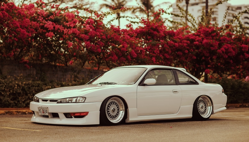 luxury, growth, road, tree, outdoors, nature, Sylvia, flowering plant, city, car, Nissan, motor vehicle, coupe, Silvia, flower, retro styled, stance, no people
