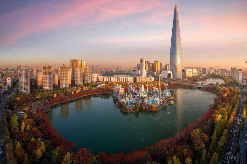 Park, N Seoul tower, Seoul, Lotte World, South Korea, building, tower, Namsan Seoul Tower, Sincheon-dong, 1080P, home, lake, autumn