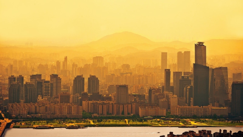 city, fog, high, water, cityscape, residential district, buildings, building exterior, outdoors, landscape, urban skyline, Seoul, modern, no people, skyscraper