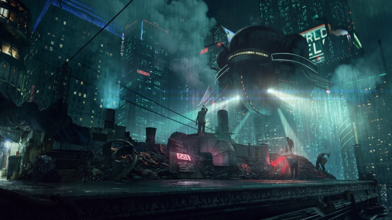 illuminated, cyberpunk, music, lighting equipment, built structure, no people, nature, architecture, game, city, water, 1080P, neon, rain, transportation