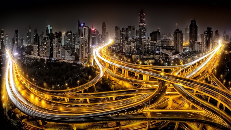 light trail, residential district, transportation, financial district, lights, China, long exposure, night, street, city street, gold, architecture, building
