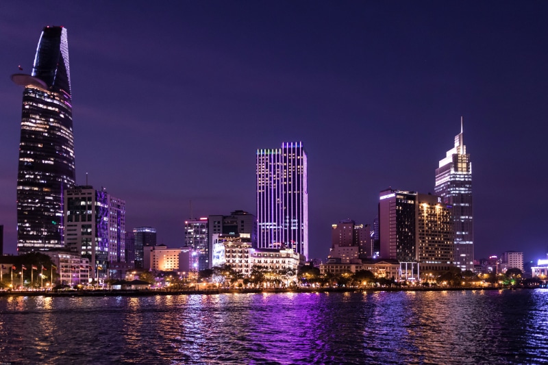 building, city, outdoors, illuminated, office Building, office building exterior, blue, Vietnam, urban Skyline, uSA, waterfront, no people, nightlife, urban Scene