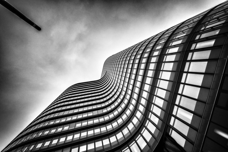 monochrome, office Building, low angle, futuristic, rise, black And White, city, downtown District, built Structure, photography, Waves II, window, tower