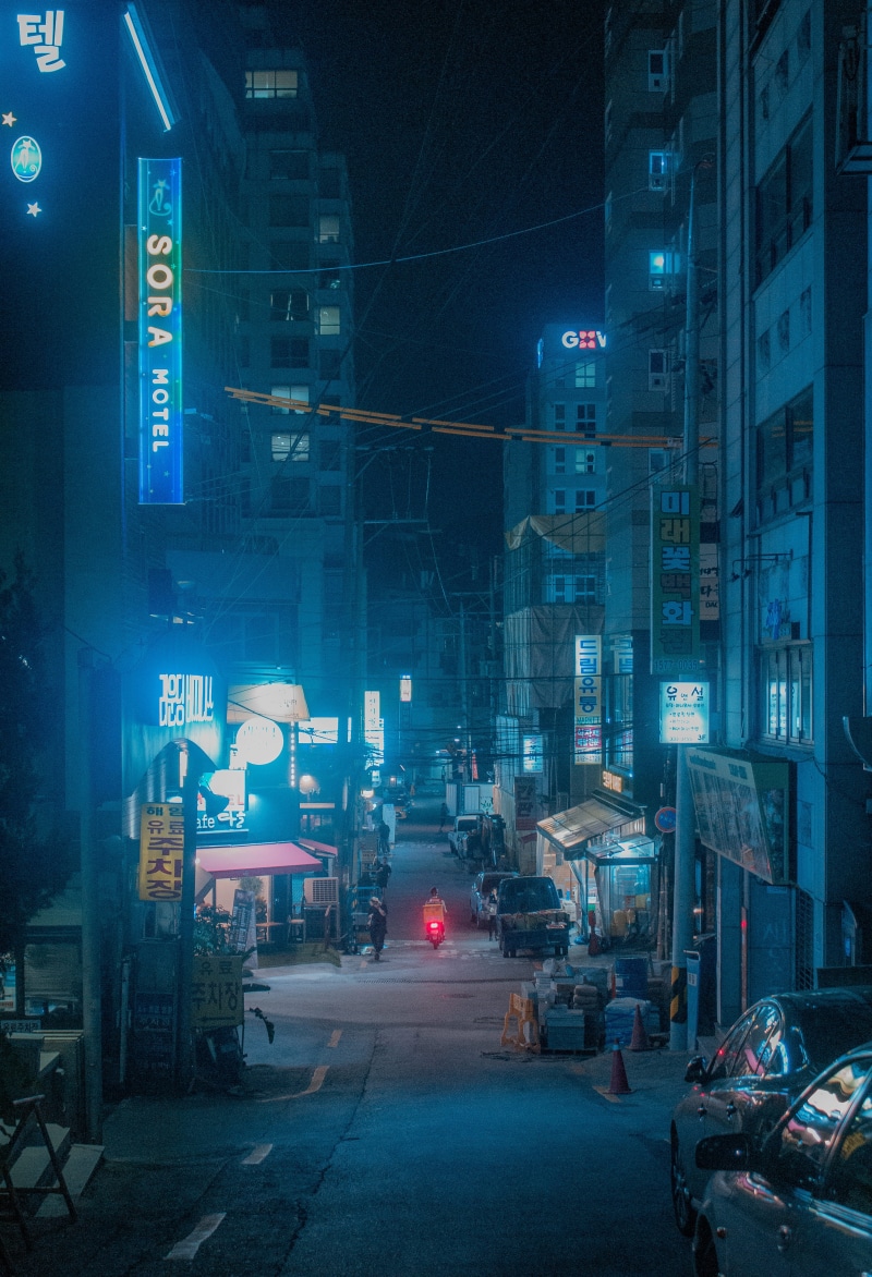 cyberpunk, traffic, vaporwave, buildings, street Light, dark, road, building Exterior, illuminated, person, night, retro, 4K, urban Scene, urban, architecture