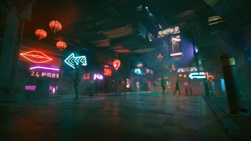 futuristic city, neon glow, hair, street art, futuristic, pub, video games, underground, street, lights, camera, tattoo, lips, drink, orange, Japan, panorama